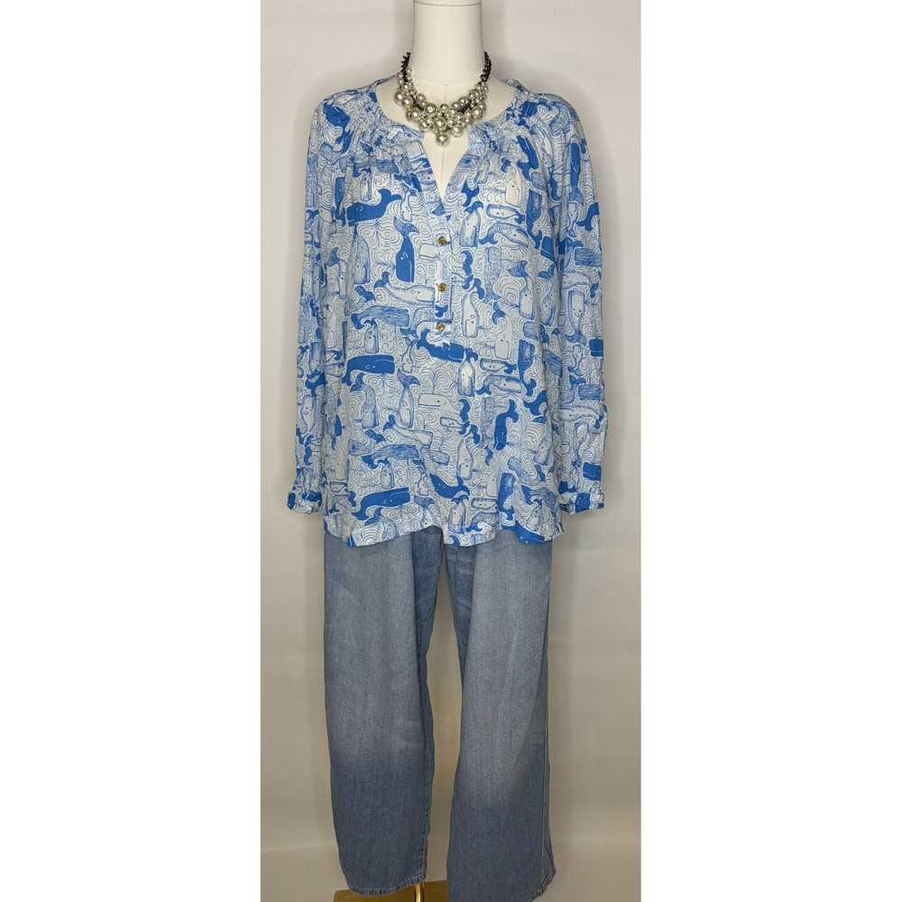 Lilly Pulitzer Andria Top Thar She Blows Whale Print Nassau Blue XL NWT - Picture 4 of 8